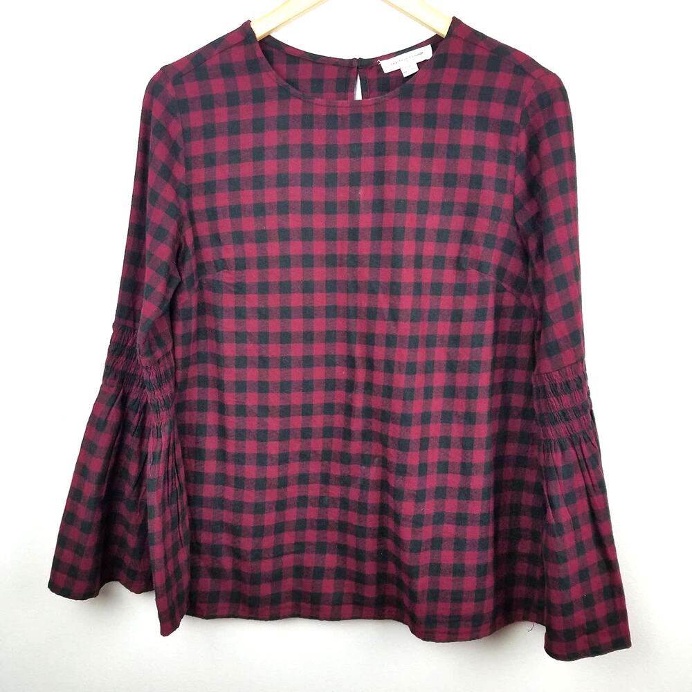BeachLunchLounge Bell Sleeve Red/Blk Buffalo Check Top Size Small